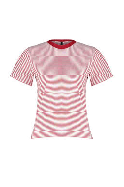 K?rm?z? Ekru Cizgili Kal?n Pamuklu Basic Regular/Normal Kal?p Orme T-Shirt TWOSS23TS00043