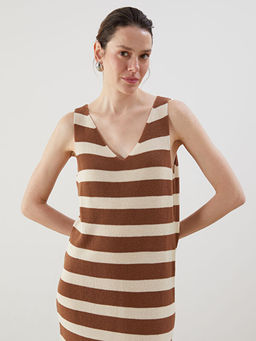 V Yaka ?izgili Kad?n Triko Elbise