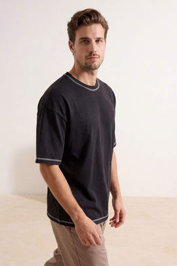 Antrasit Oversize/Genis Kesim Soluk Efektli Dikis Detayl? %100 Pamuk T-Shirt TMNSS26TS00034 - Trendyolmilla фото 4