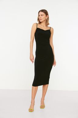 TRENDYOLMILLA Siyah Vucuda Oturan Degaje Yaka Midi Ask?l? Esnek Orme Midi Kalem Elbise TWOSS19AD0020  фото 9