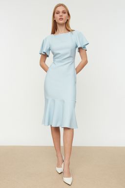 Mavi Fitted/Vucuda Oturan Volanl? Astarl? Midi Dokuma Elbise TWOSS20EL1342