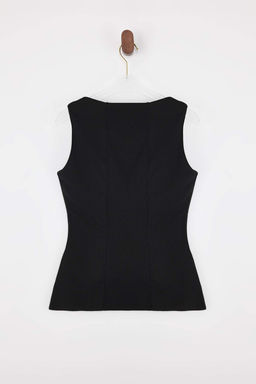 Limited Edition Siyah Fitted/Vucuda Oturan Kare Yaka Fermuarl? Scuba Krep Orme Bluz TWOSS26BZ00029