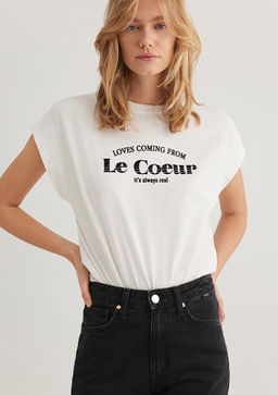 Bask?l? Beyaz Tisort