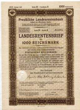 Облигация 4,5% 1000 рейхсмарок 1937 года Германия