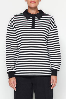 TRENDYOLMILLA Mavi Cizgili Polo Yaka Kal?n Ici Polarl? Oversize Orme Sweatshirt TWOAW24SW00344 фото 3