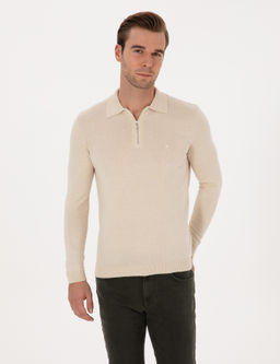 Bej Regular Fit Pamuk Kar___ml_ Fermuarl_ Polo Yaka Basic Triko Kazak - Cacharel фото 3