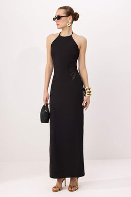 Siyah Duz Transparan Detayl? Dokuma Finike Maxi Abiye & Mezuniyet Elbisesi TPRSS26AE00082