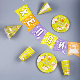 Посуда одноразовая бумажная «Утки», 6 тарелок, 1 гирлянда, 6 стаканов, 6 колпаков