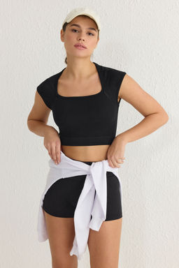 Siyah Seamless/Dikissiz Kare Yaka Crop Orme Spor Ust/Bluz THMSS25BZ00000