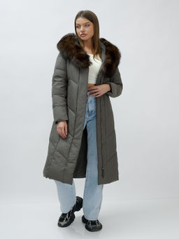 Пальто женское зимние с мехом песец люкс класса серого цвета 625Sr