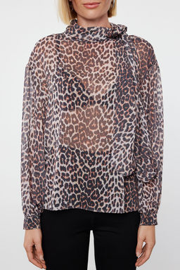 Kahverengi Leopar Desenli Sifon Dik Yaka Dokuma Bluz TWOAW25BZ00043 - Trendyolmilla фото 3