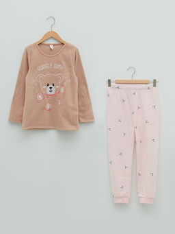 Bisiklet Yaka Nak?? Detayl? Uzun Kollu Polar K?z ?ocuk Pijama Tak?m?