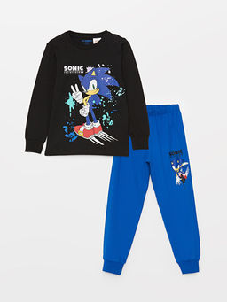 Bisiklet Yaka Sonic Bask?l? Uzun Kollu Erkek ?ocuk Pijama Tak?m?