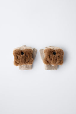 BEAVER FUR EFFECT MITTEN GLOVES