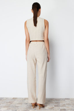 Bej Cizgili Beli Lastikli Cepli Straight/Duz Kesim Pamuk Keten Dokuma Pantolon TWOSS24PL00055