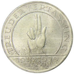3 рейхсмарки 1929 года A Германия  10 лет Веймарской конституции