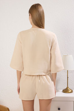 Trendyolmilla Mavi %100 Pamuklu Baglama/Kurdele/Fiyonk Detayl? Muslin Sortlu Dokuma Pijama Tak?m? THMSS24PT00077 фото 4