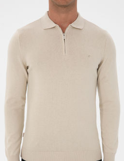 Krem Melanj Slim Fit Polo Yaka Fermuarl_ Basic Triko Kazak - Pierre cardin фото 6