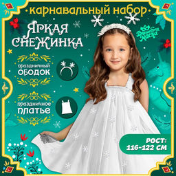Карнавальный костюм новогодний Снежинка, платье, ободок, рост 116-122 см