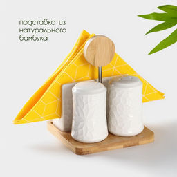 Набор фарфоровый для специй BellaTenero, 4 предмета: солонка, перечница, салфетница, подставка-держатель, белый  фото 2