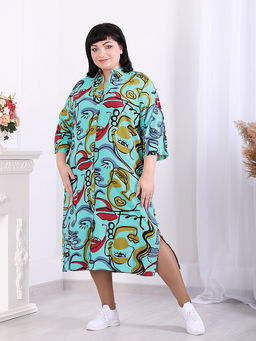 Платье-рубашка бирюзовое с авангардным рисунком - Almond фото 6