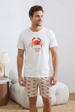 Ekru Regular Fit Yengec Bask?l? Pamuklu Pijama Tak?m? TMNSS26PT00020 - Trendyolmilla фото 4