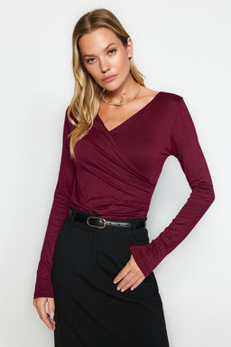 TRENDYOLMILLA Bordo Fitted/Vucuda Oturan Viskoz Buzgulu V Yaka Esnek C?tc?tl? Orme Body TWOAW24BD00045