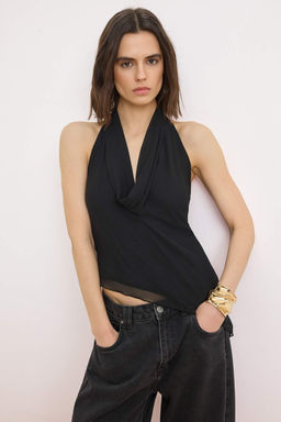 Siyah Degaje Yaka Asimetrik Kesim Tul Party Bluz TPRSS26BZ00029