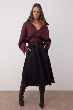 Siyah Kemerli Dokuma Klos Midi Etek TWOAW26ET00034