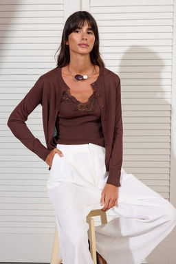 Kahverengi 2li Yazl?k Ozel Iplik Dantel Detayl? Triko Bluz-H?rka TWOSS26HI00016