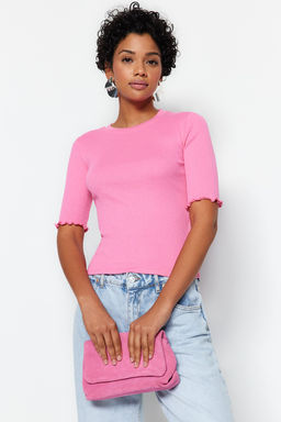 Pembe Fitilli Fitted/Vucuda Oturan Bisiklet Yaka Esnek Orme Bluz TWOSS23BZ00025