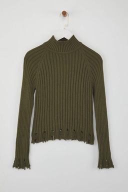 Haki K?sa/Crop Etek Ucu Ak?tma Detayl? Triko Kazak TWOAW26KZ00102