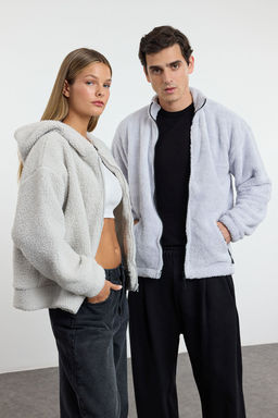 TRENDYOL MAN Gri Oversize/Genis Kesim Fermuar Cepli Couple Pelus Sweatshirt TMNAW25SW00102