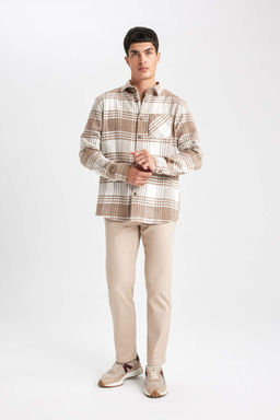 Хлопковая рубашка в клетку с длинными рукавами и воротником-поло обычного кроя - Defacto фото 2