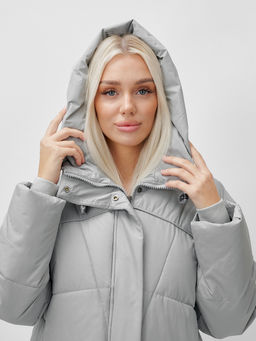 Пальто летучая мышь женское с капюшоном зимнее серого цвета 9616Sr - Mtforce фото 8
