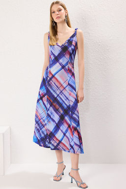 Kiremit Ask?l? V Yaka Skater/Belden Ac?lan EsnekMaxi Orme Elbise TWOSS25EL00384 - Trendyolmilla фото 5