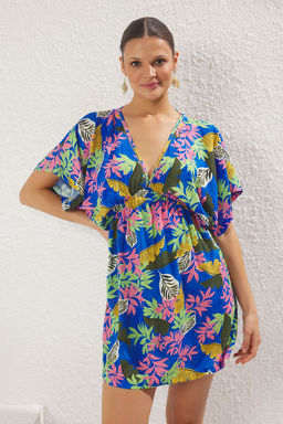 Cicek Desenli Dokuma S?rt Dekolteli Plaj Mini Elbise TBESS25EL00090