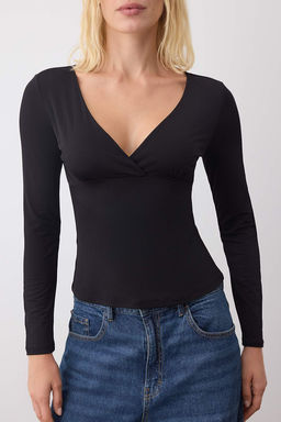 Siyah Fitted/Vucuda Oturan Buzgu/Drape Detayl? V Yaka Esnek Orme Bluz TWOAW26BZ00204 - Trendyolmilla фото 3