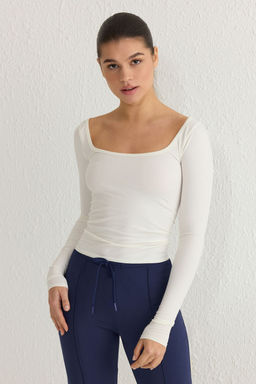 TRENDYOLMILLA Beyaz Seamless/Dikissiz Uzun Kollu Orme T-Shirt THMSS25TS00003  фото 6