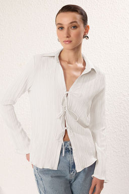 TRENDYOLMILLA Beyaz Dokulu Kumas Onden Baglama Detayl? Dokuma Gomlek TWOSS25GO00012 фото 2