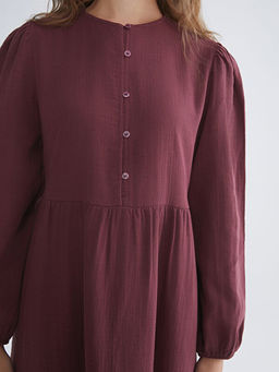 Bisiklet Yaka Dokulu M?slin Pileli Elbise