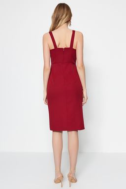 Bordo Vucudu Saran Y?rtmacl? Ask?l? Midi Kalem Etek Dokuma Elbise TWOSS19BB0216