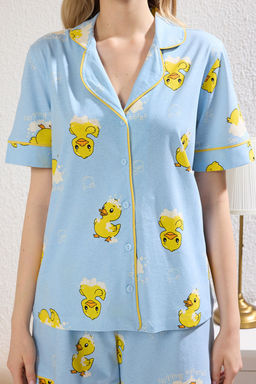Trendyolmilla Mavi %100 Pamuklu Ordek Desenli Biyeli Sortlu Orme Pijama Tak?m? THMSS25PT00300  фото 10
