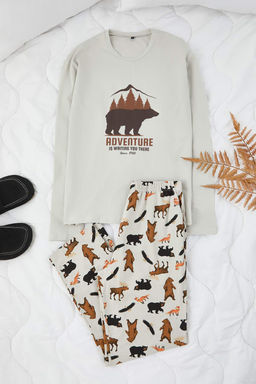 Gri Pamuklu Animal Desen Uzun Kol Orme Pijama Tak?m? TMNAW26PT00049