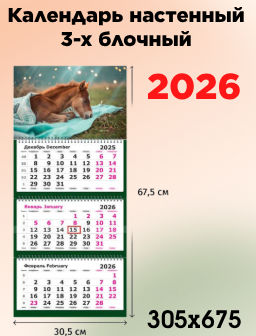 Календарь настенный 3-х блочный 2026 Attache, Трио станд, 305х675,Жеребенок