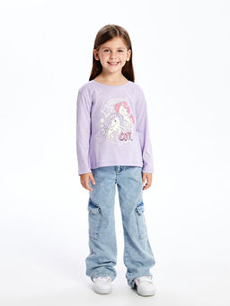 Bisiklet Yaka Uzun Kollu Bask?l? K?z ?ocuk Ti??rt