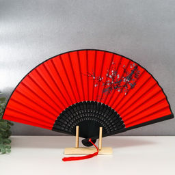 Веер складной h=23 см Веточка сакуры, красный, с кисточкой