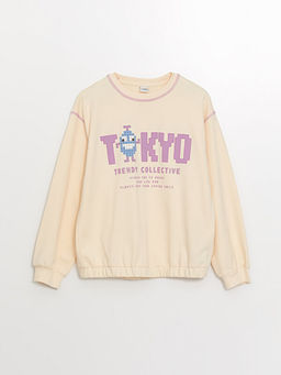 Bisiklet Yaka Bask?l? Uzun Kollu K?z ?ocuk Sweatshirt