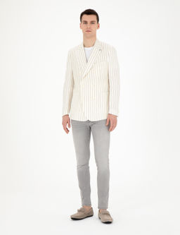 Ekru Slim Fit _izgili Keten Kruvaze Ceket