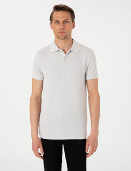 Gri Slim Fit _rme Dokulu Polo Yaka Ti__rt